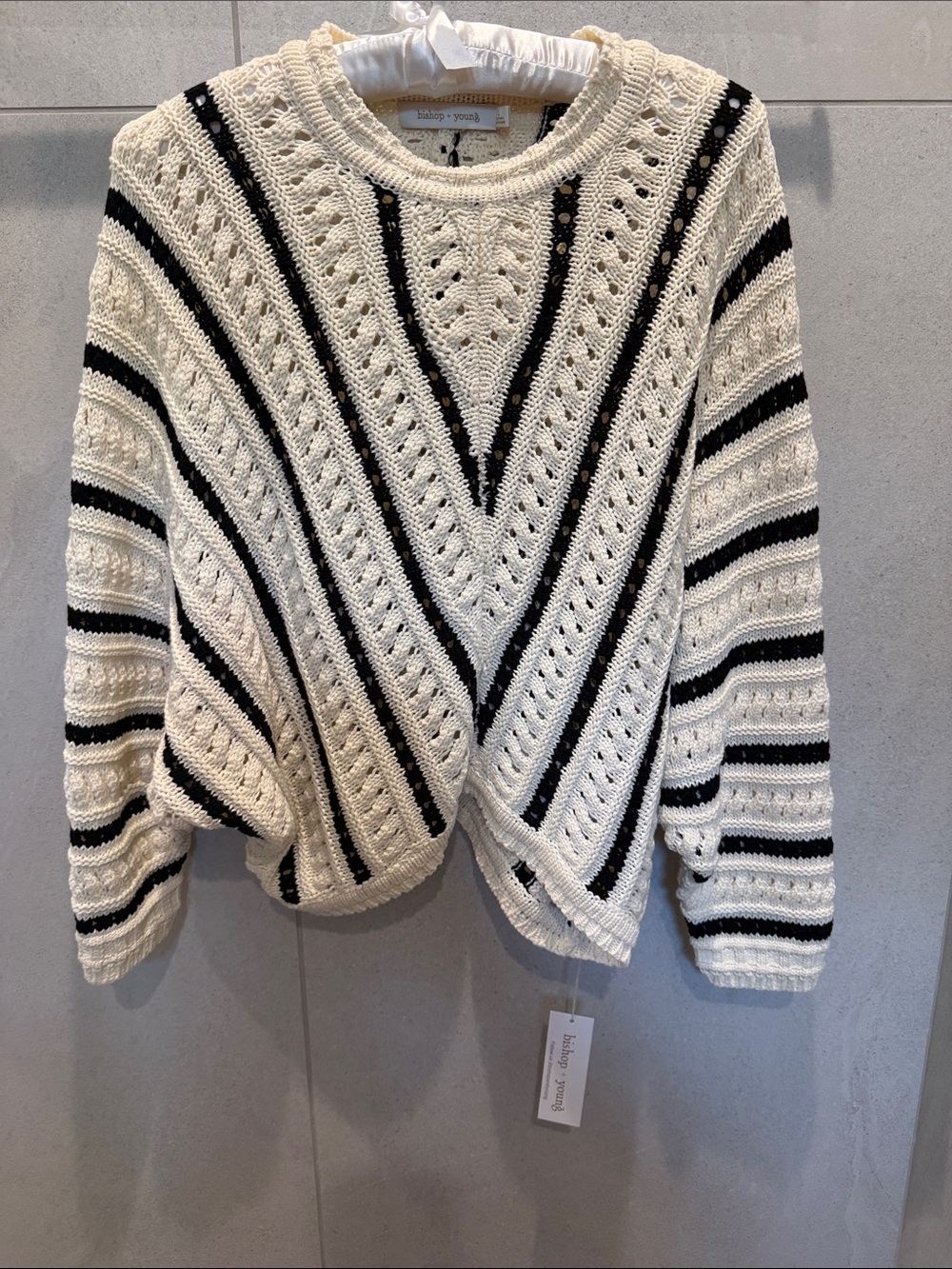 bishop + young Cream and Black Striped Open-Knit Crew Sweater